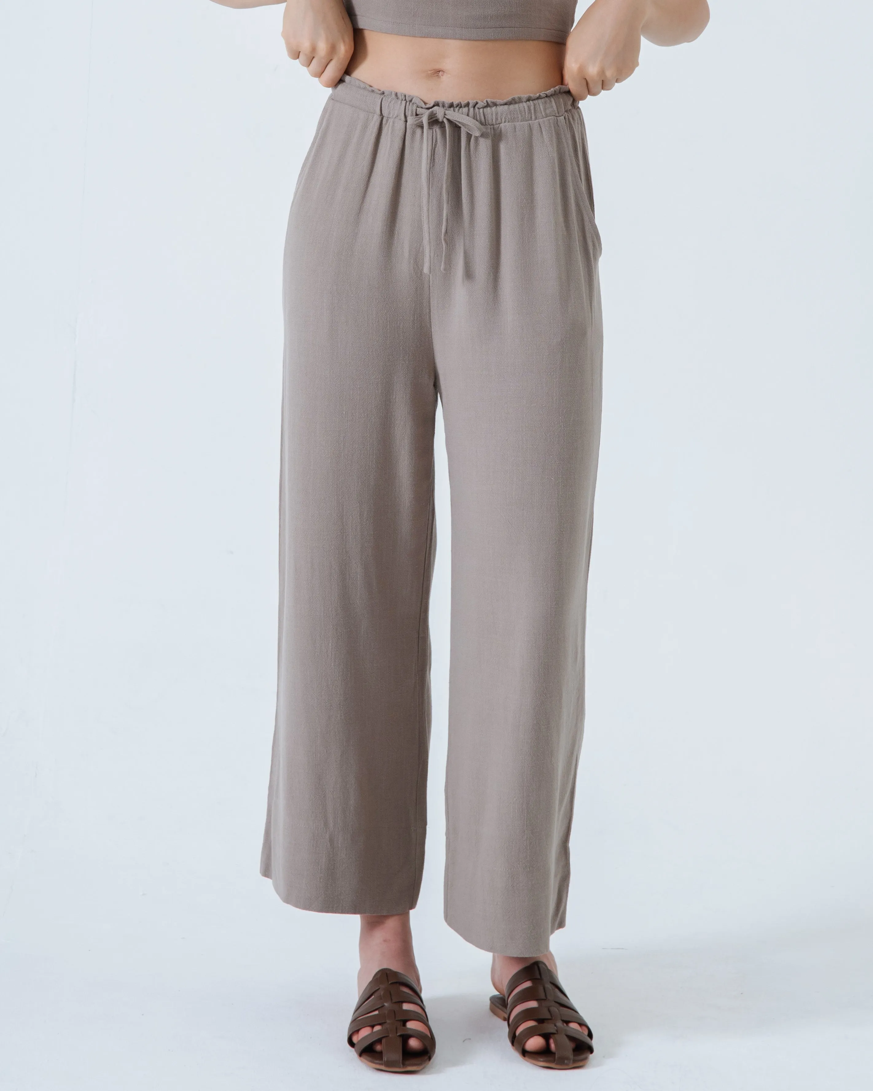 Alexa Linen Drawstring Trousers (Khaki Grey)