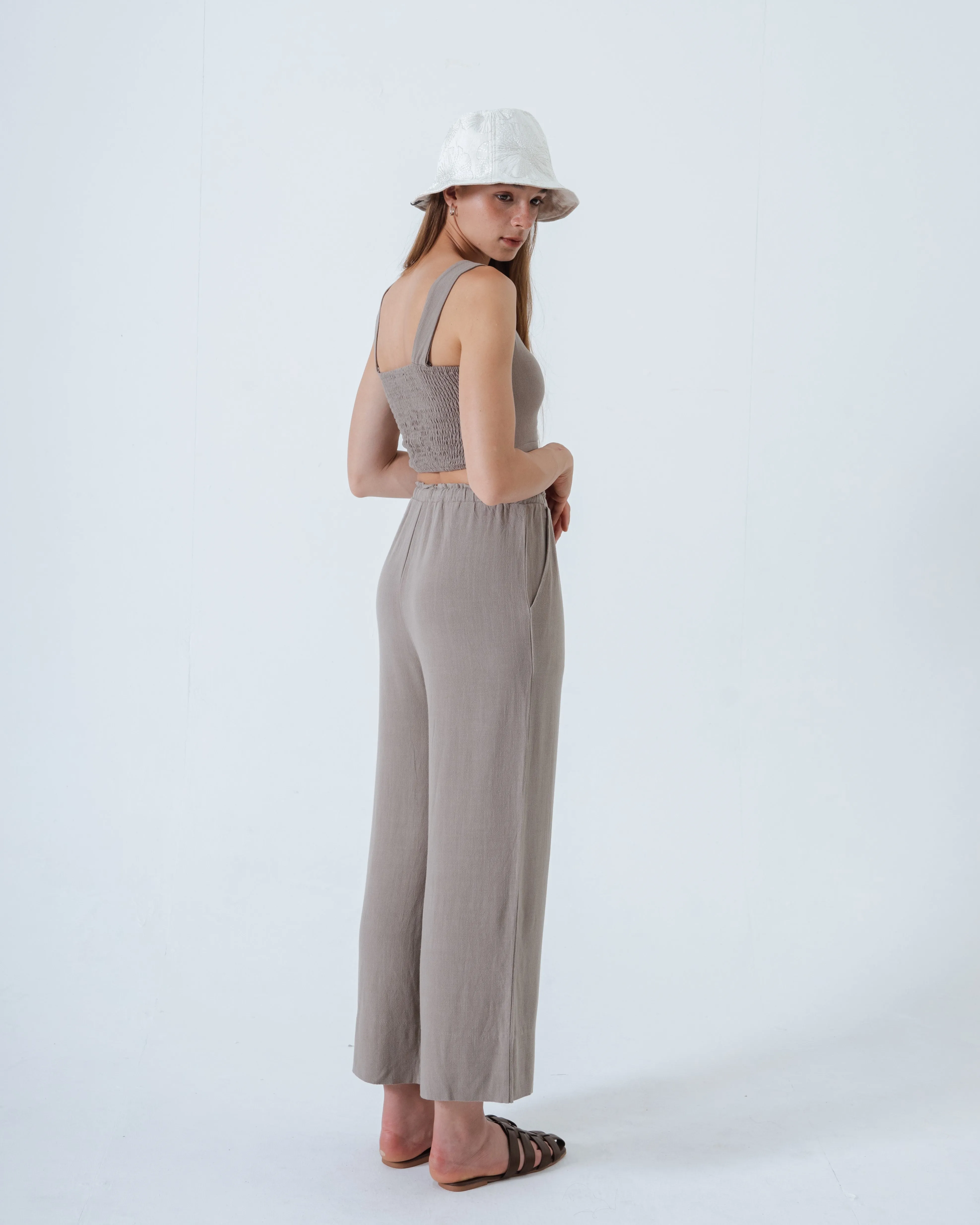 Alexa Linen Drawstring Trousers (Khaki Grey)