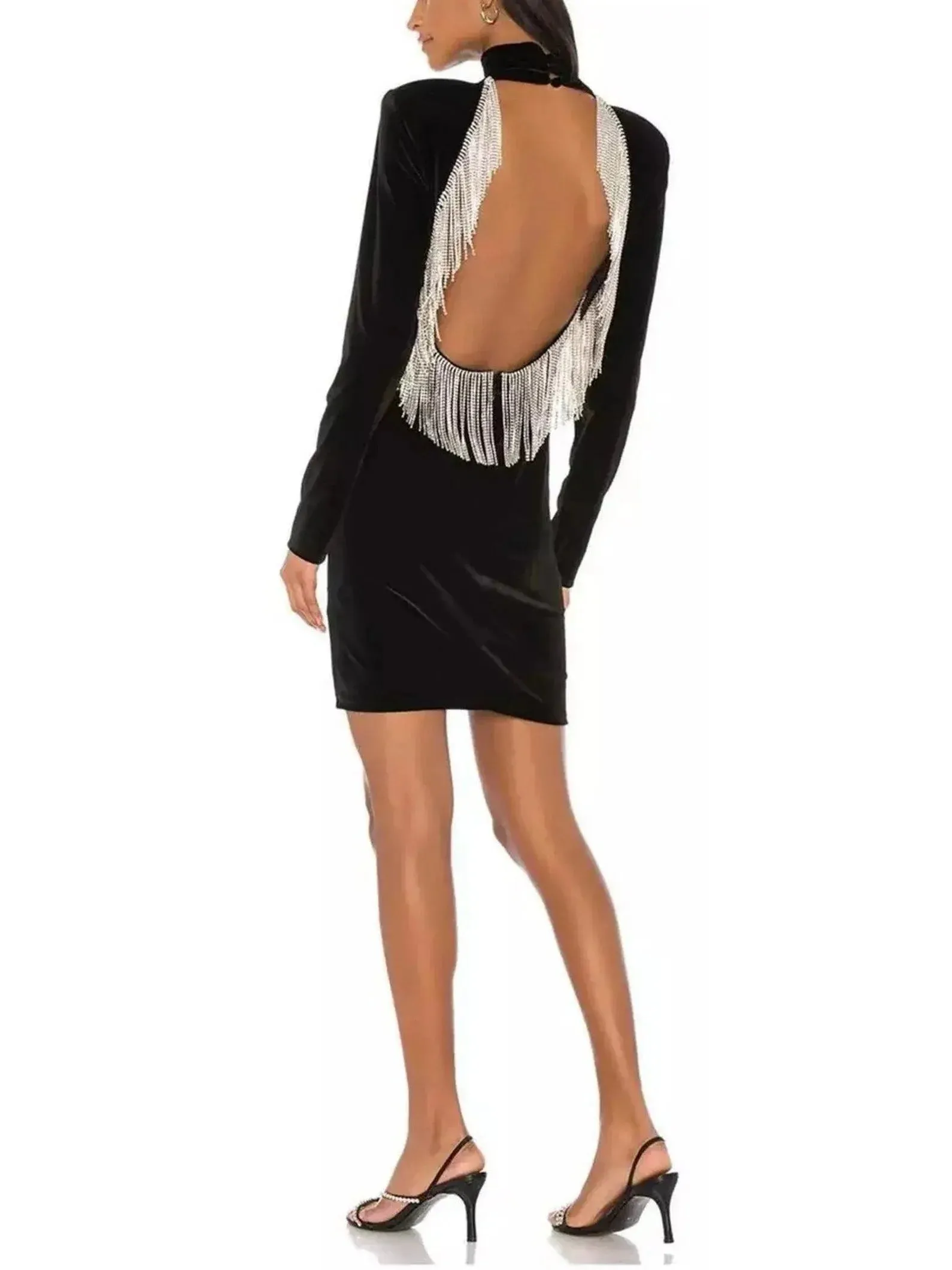 Backless Crystal-Fringe Velvet Dress