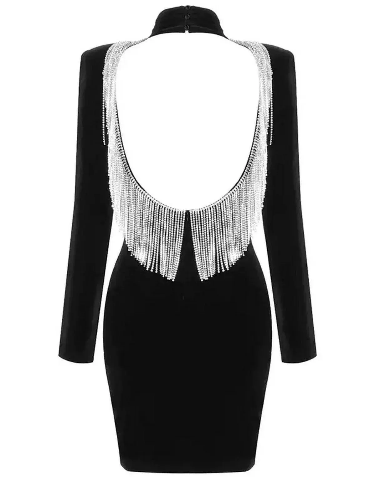 Backless Crystal-Fringe Velvet Dress