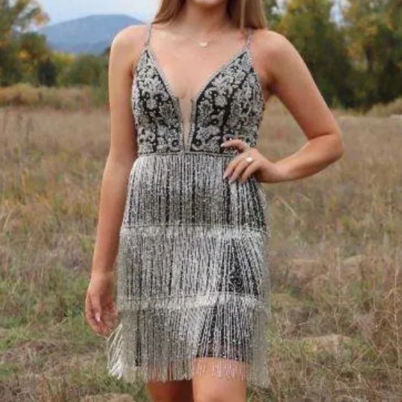 Beaded Short V-Neck Fringe Dress by Jovani 09919