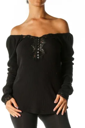 Black Off-Shoulder Lace Trim Thermal Top