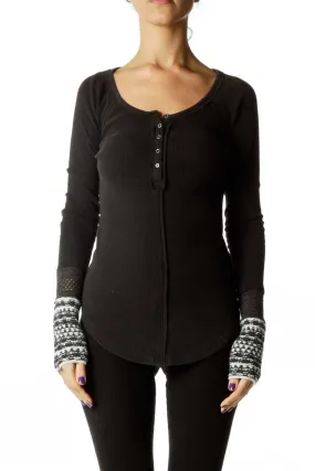 Black Thermal Henley Top with Patterned Cuffs