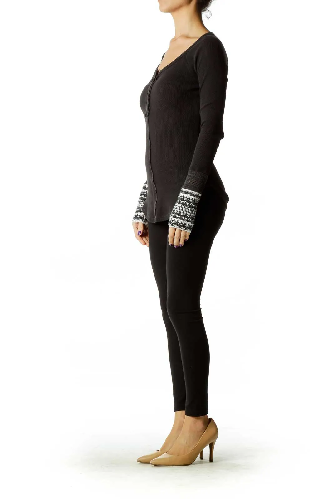 Black Thermal Henley Top with Patterned Cuffs