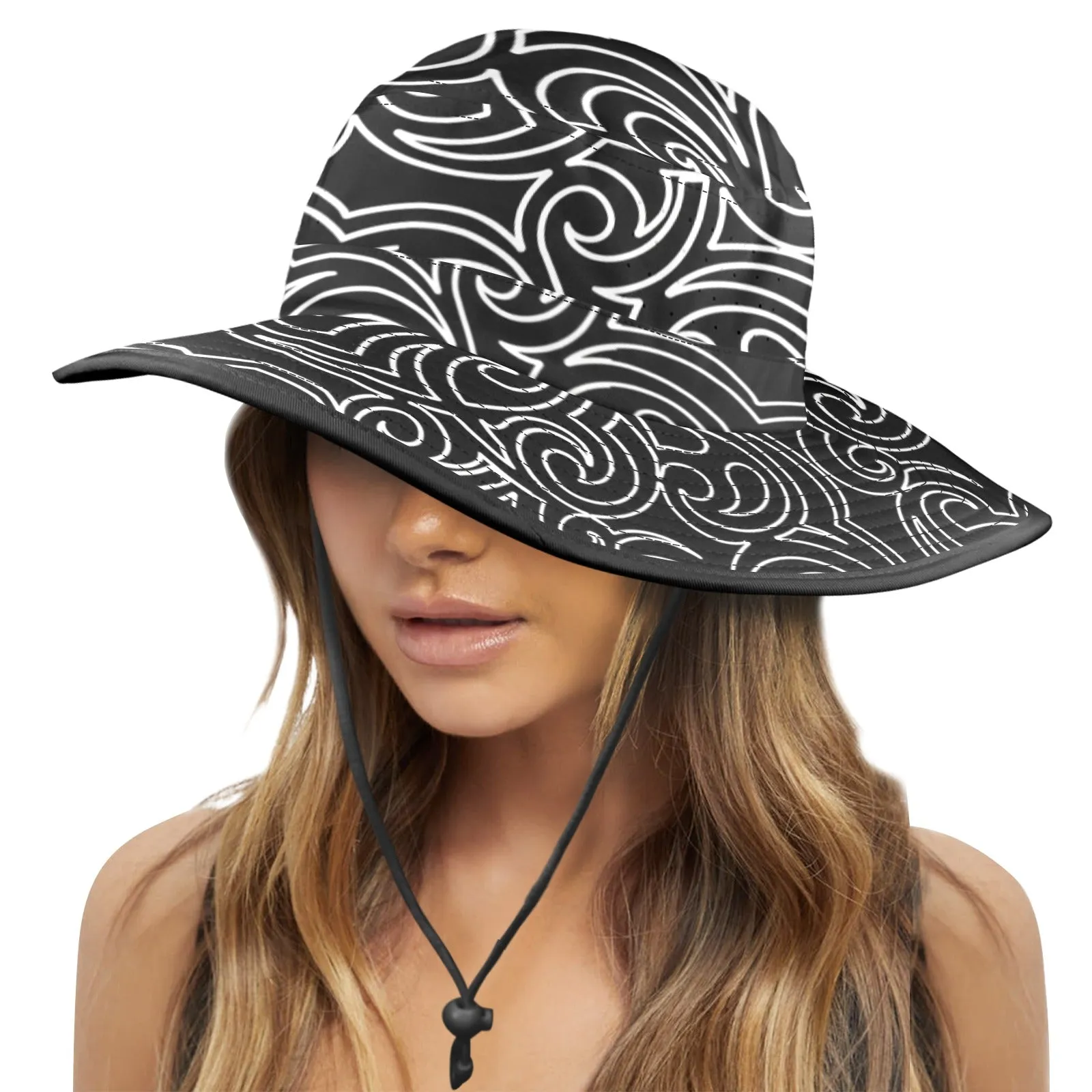 blk wht scroll print 2 Wide Brim Bucket Hat