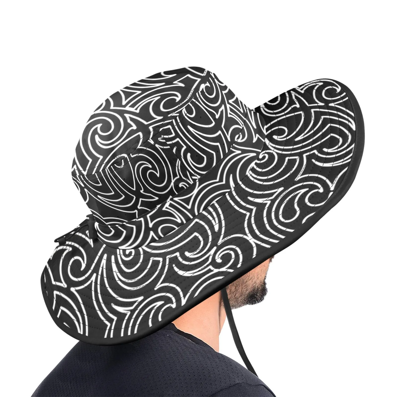 blk wht scroll print 2 Wide Brim Bucket Hat