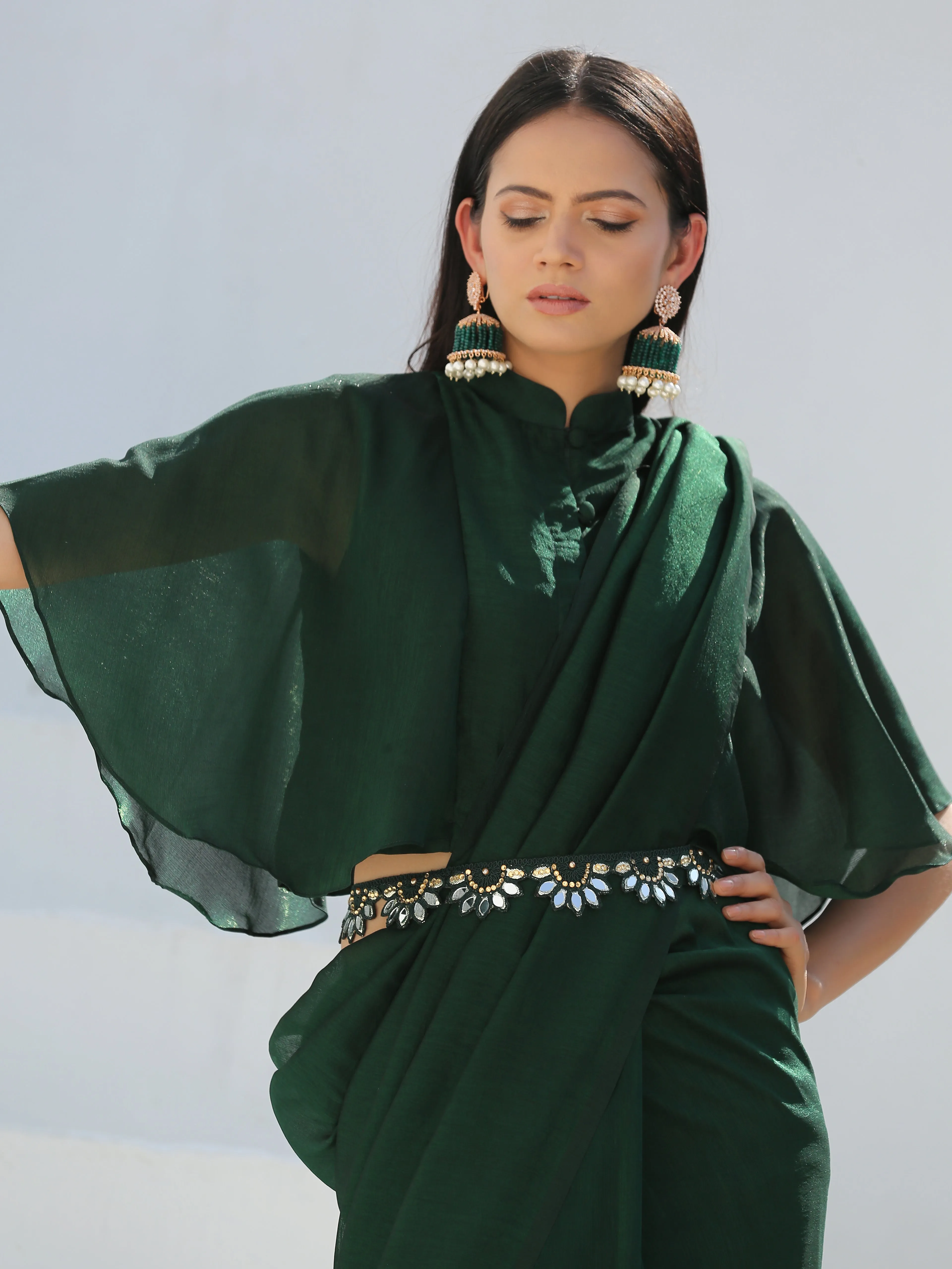 Blouse - Lush Green Shimmer Cape Blouse