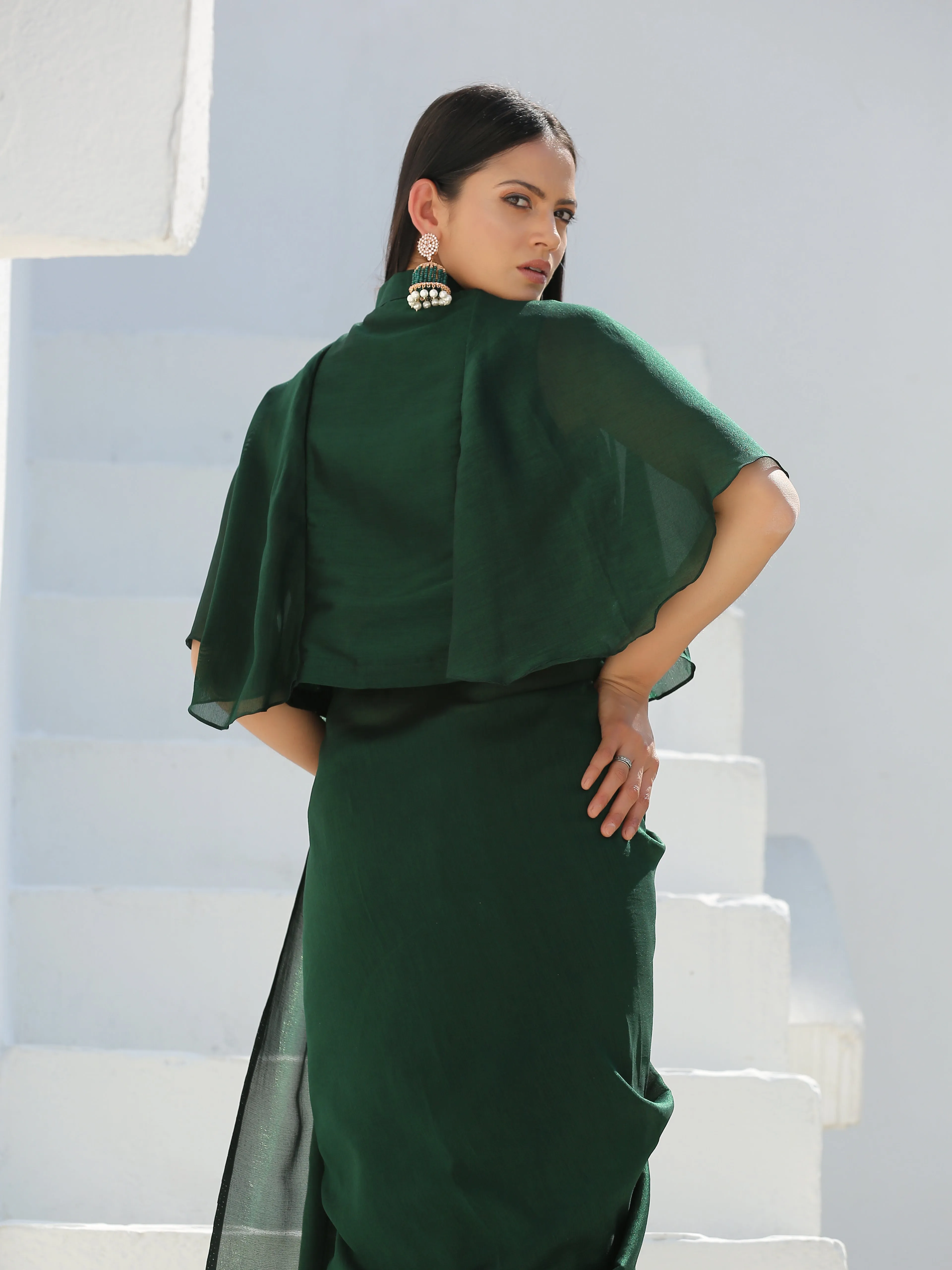 Blouse - Lush Green Shimmer Cape Blouse