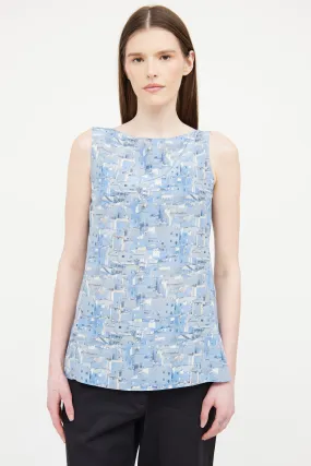 Blue Printed Silk Sleeveless Top