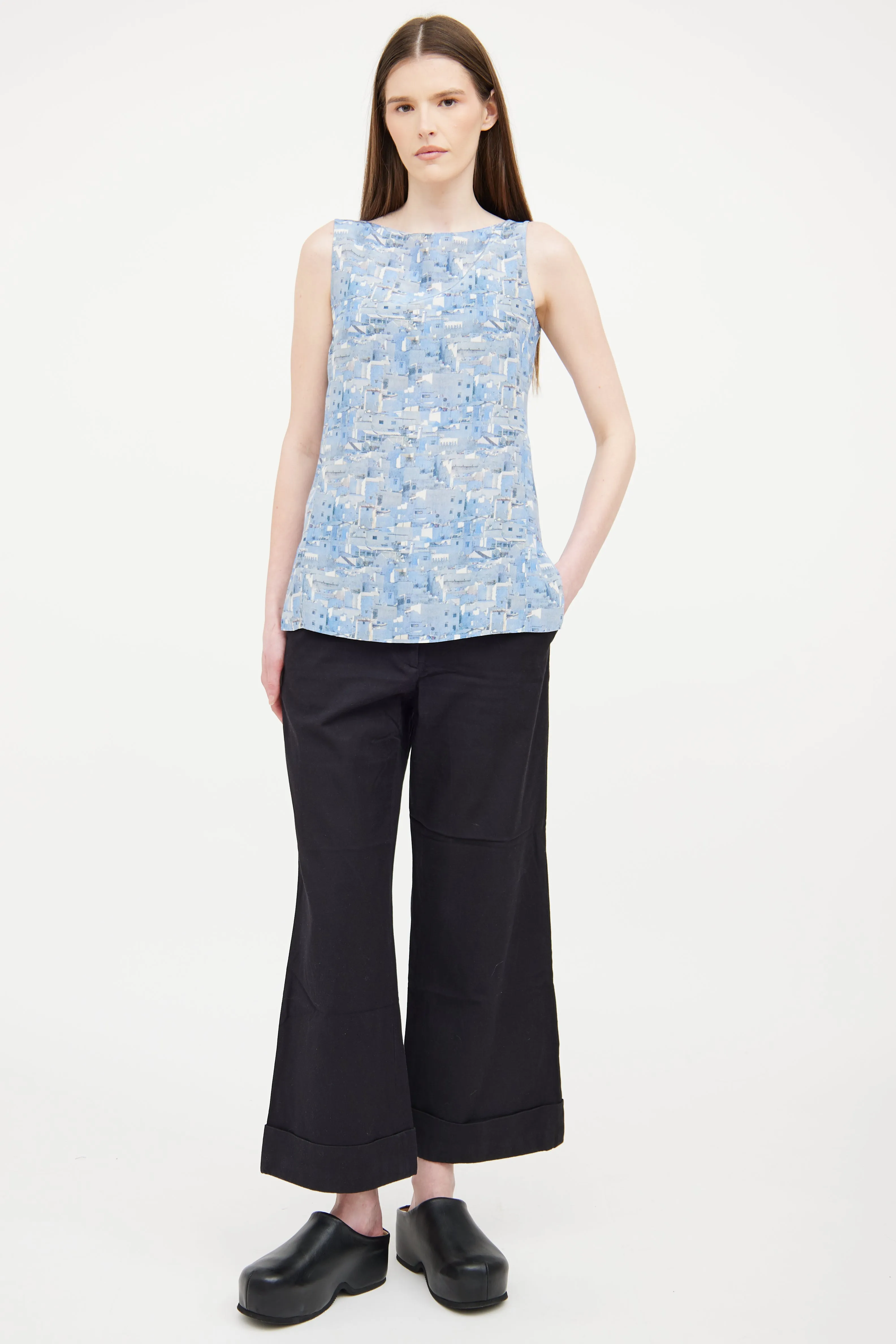 Blue Printed Silk Sleeveless Top