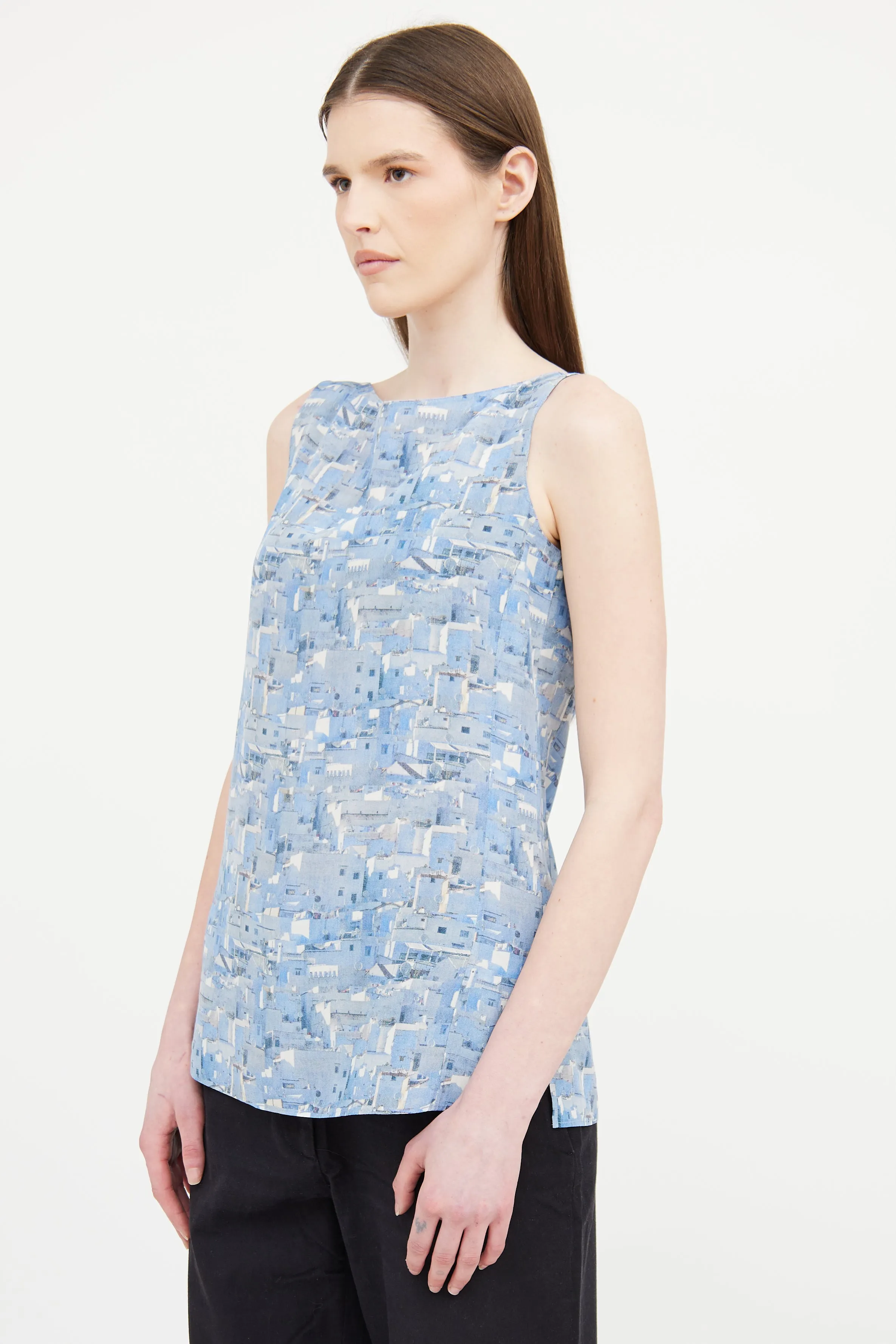 Blue Printed Silk Sleeveless Top