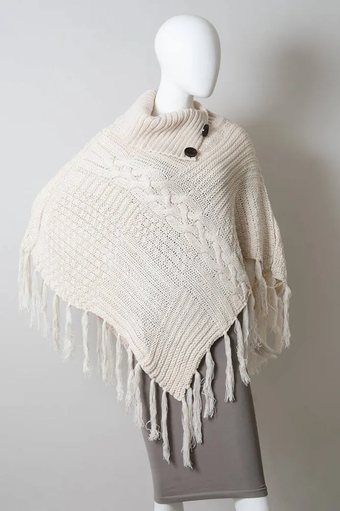 Bohemian Cable Knit Poncho With Tassels