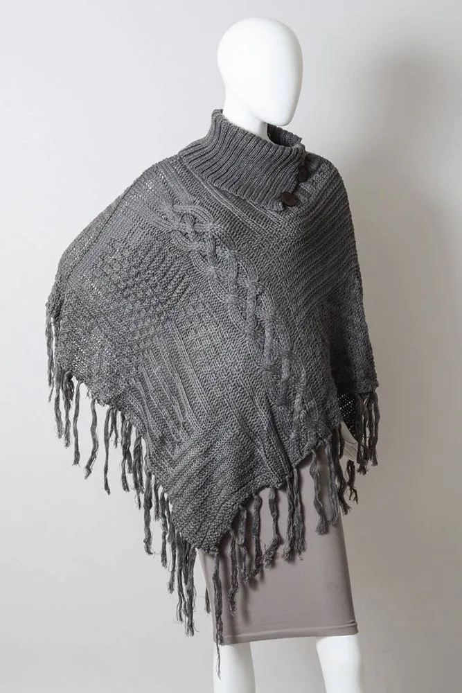 Bohemian Cable Knit Poncho With Tassels