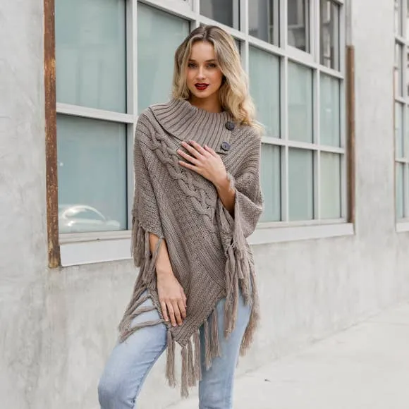 Bohemian Cable Knit Poncho With Tassels