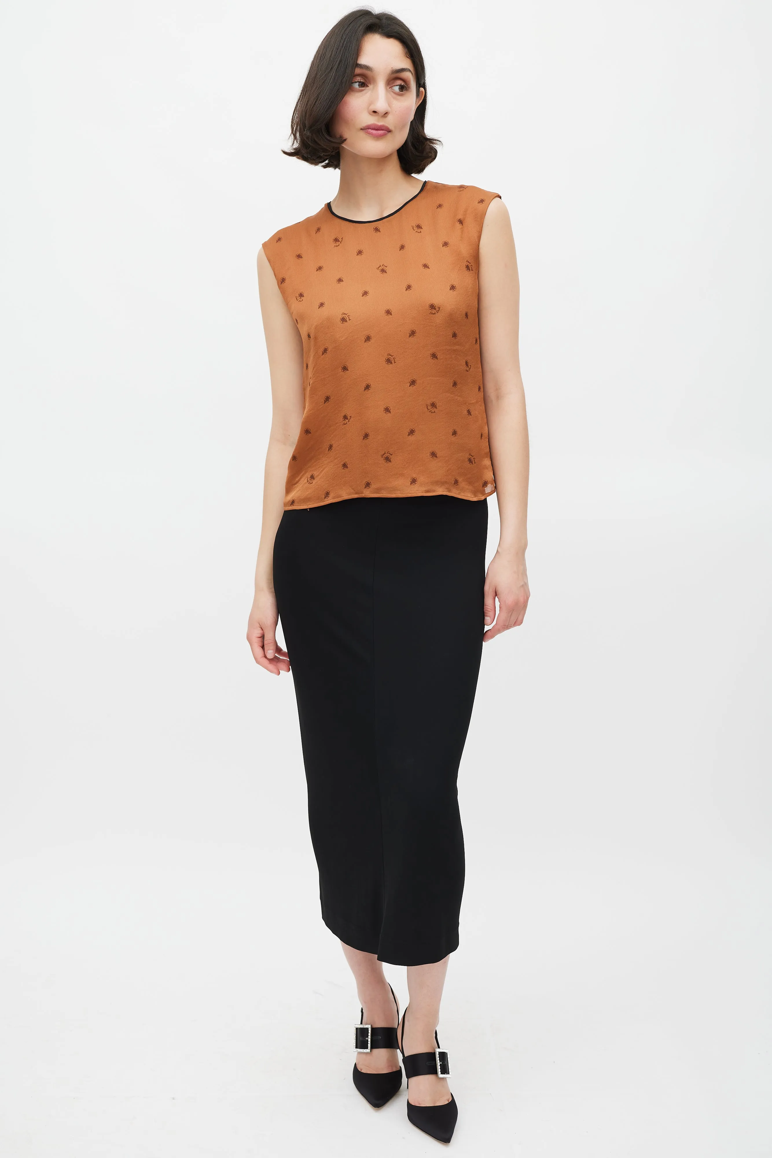 Brown Silk Floral Tie Back Top