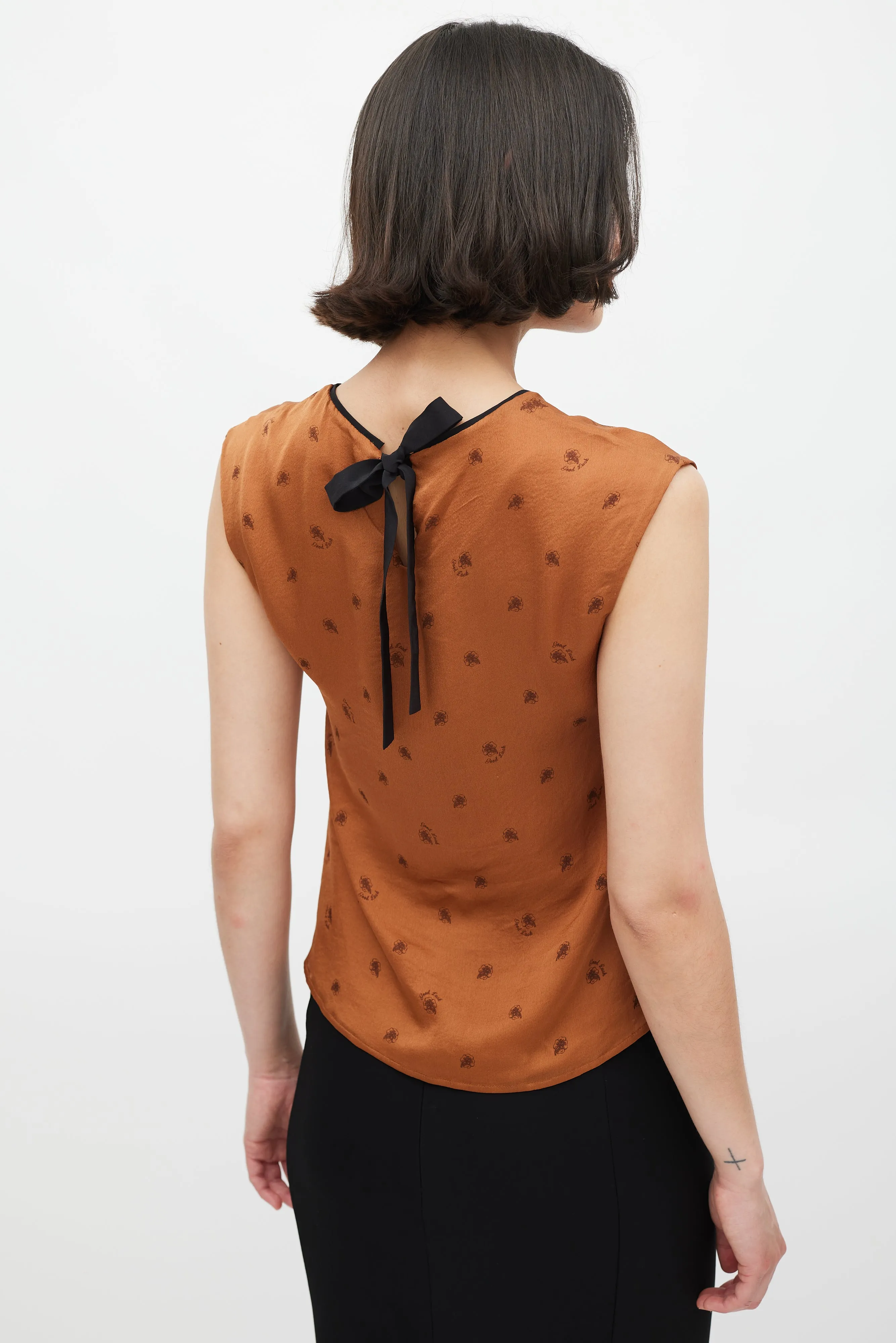 Brown Silk Floral Tie Back Top