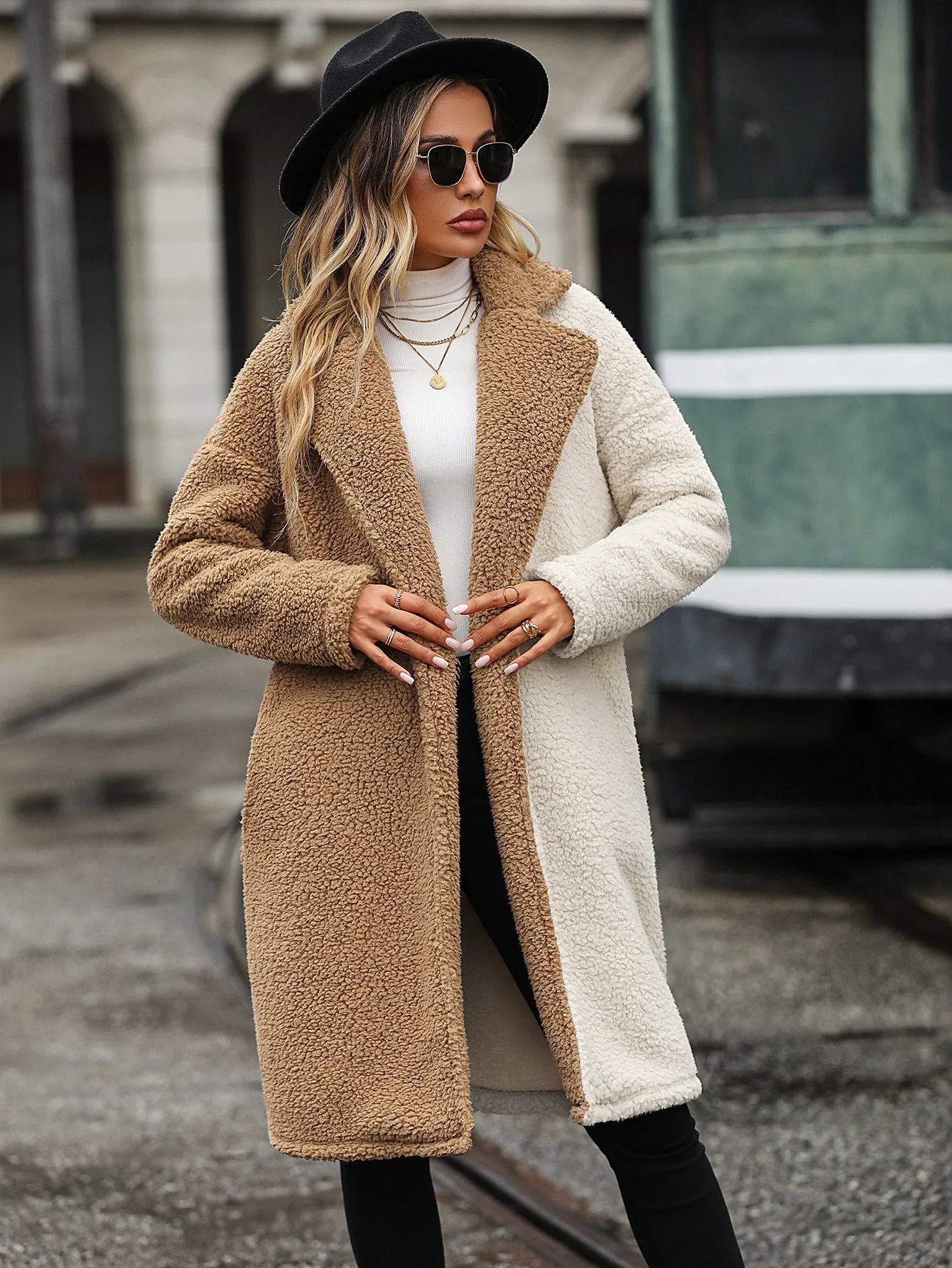 'Celeste' Color Block Dropped Shoulder Sherpa Duster Coat