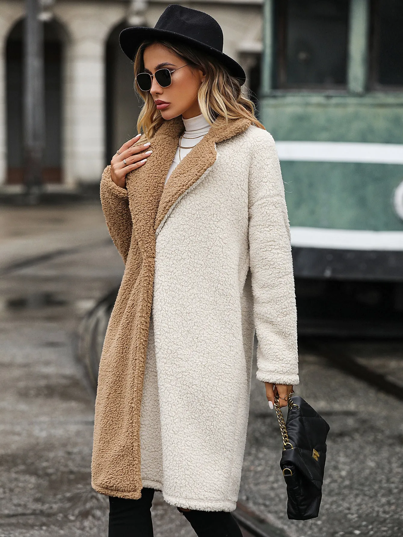 'Celeste' Color Block Dropped Shoulder Sherpa Duster Coat