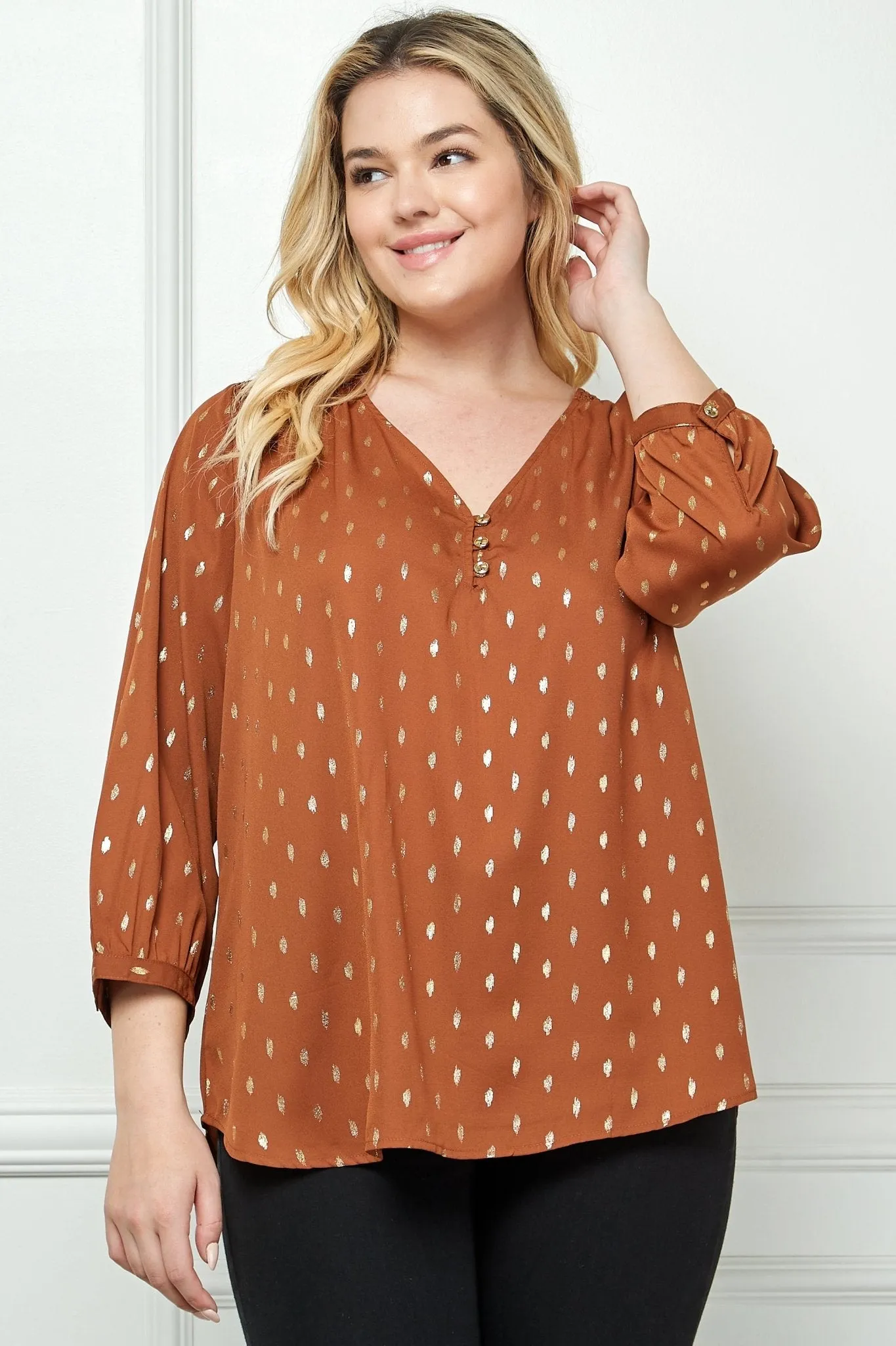 Cognac 3/4 Button Cuff Sleeve V-Neck Popover - Plus