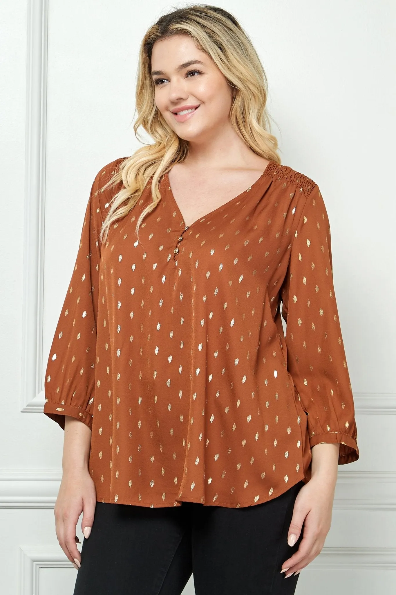 Cognac 3/4 Button Cuff Sleeve V-Neck Popover - Plus