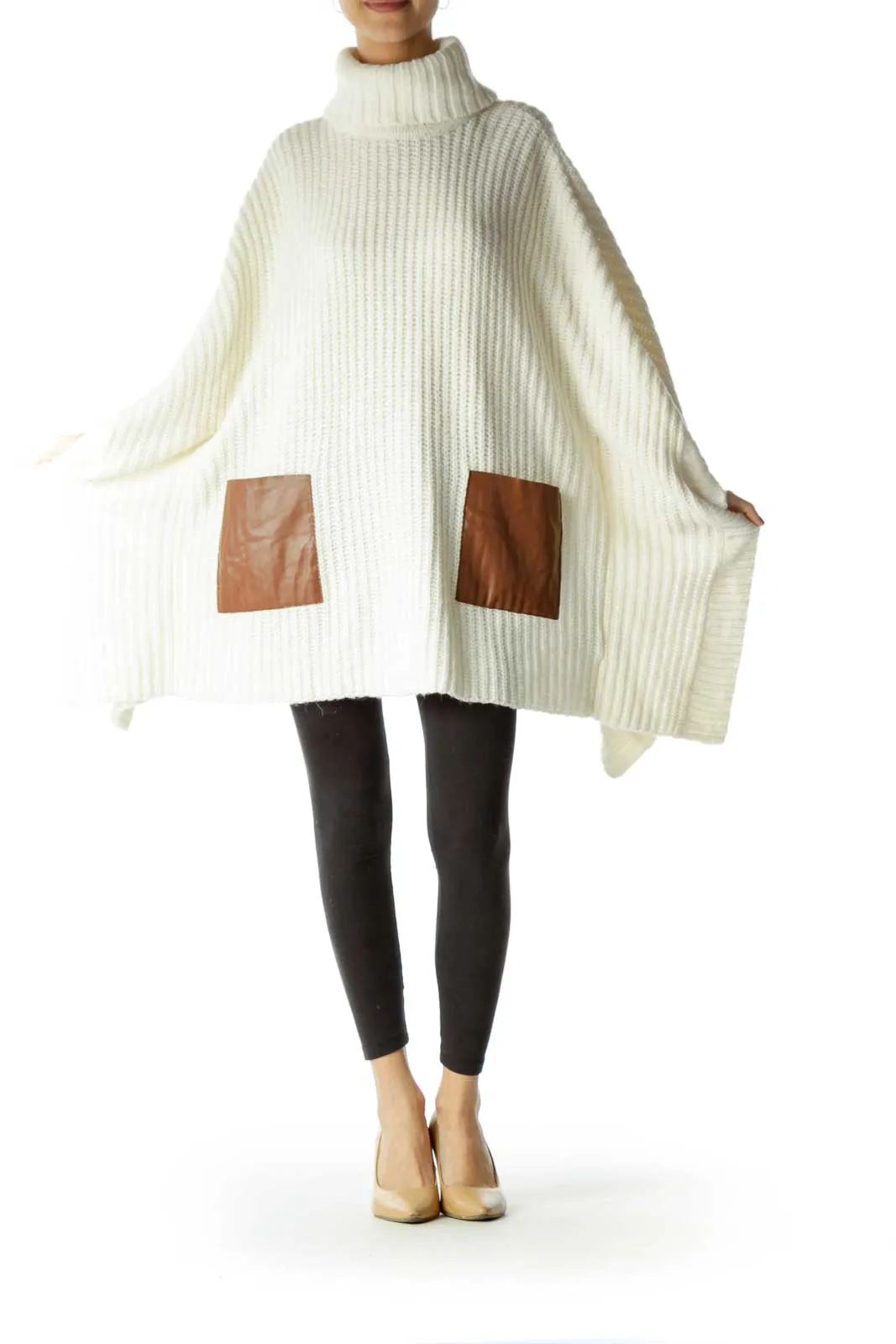 Cream Turtle Neck Knit Poncho