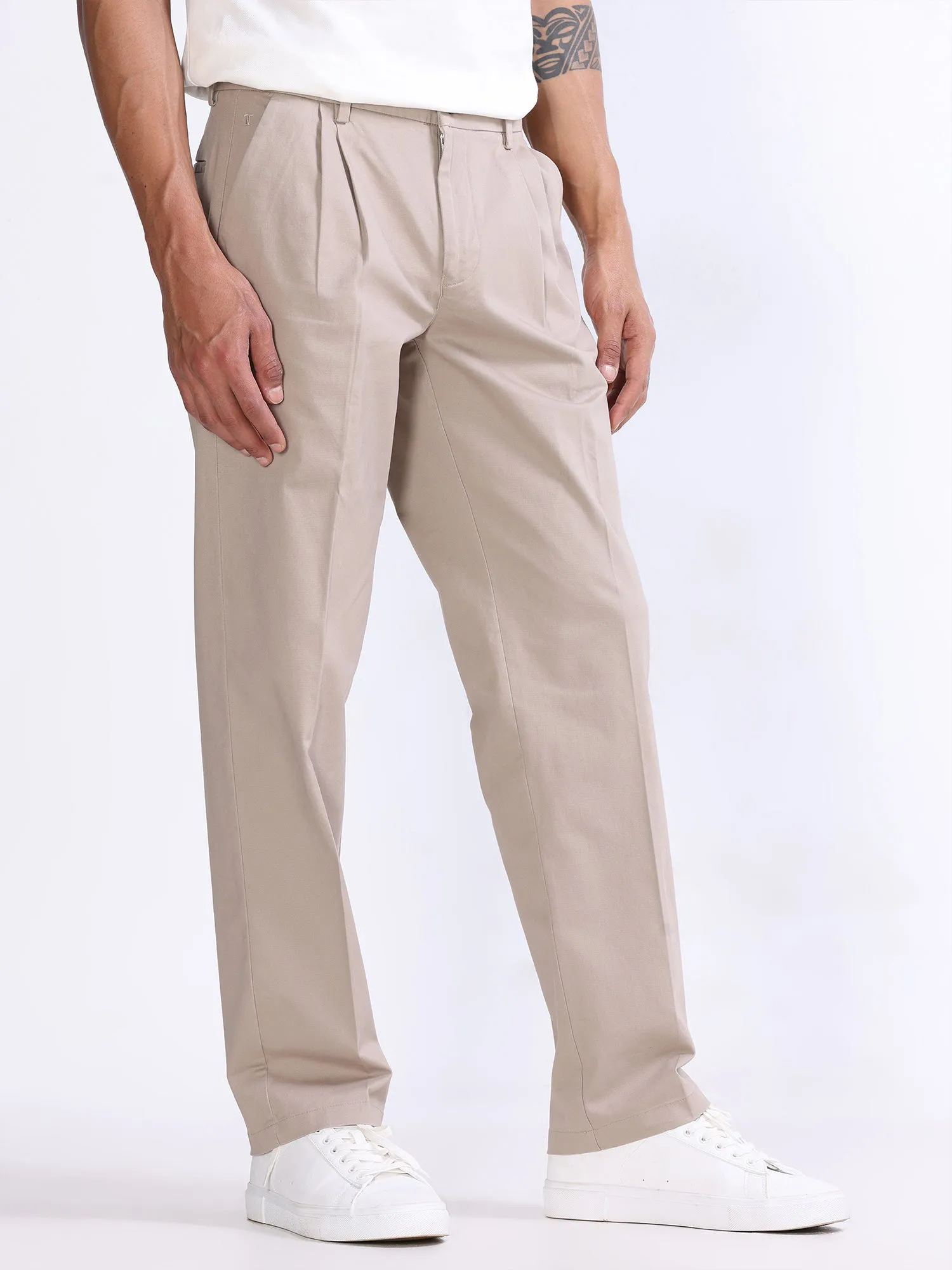 Duca Double Pleated Beige Relaxed Pant