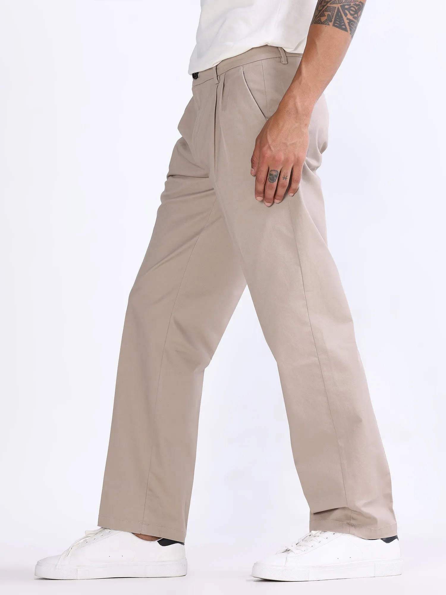 Duca Double Pleated Beige Relaxed Pant