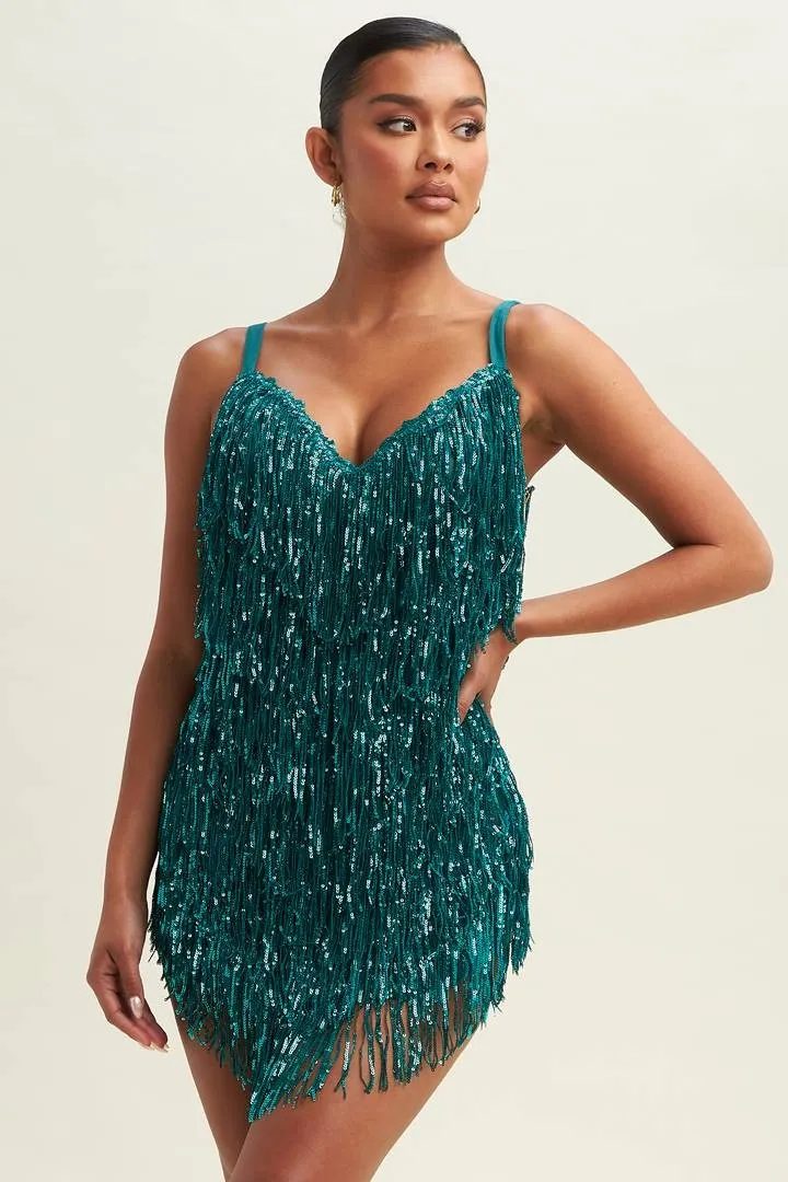 Emerald Sequin Fringe Mini Dress