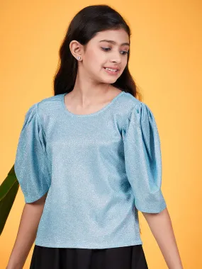 Girls Shimmer Round Neck Puff Sleeves Top - Ps Peaches