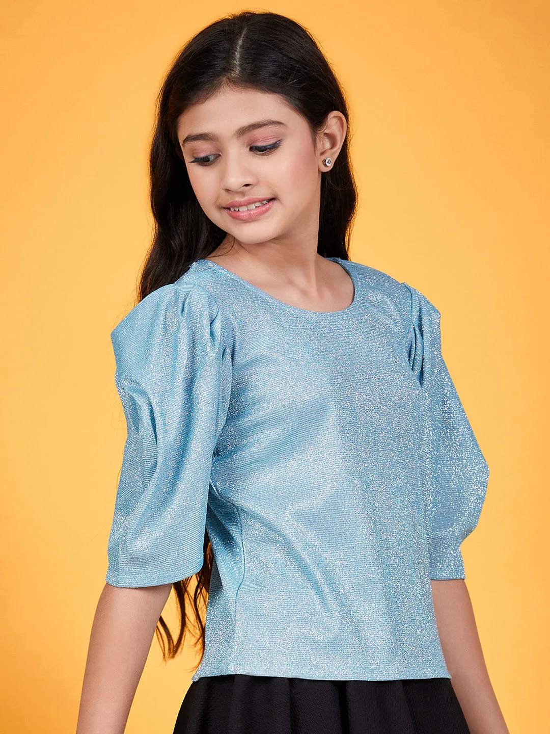 Girls Shimmer Round Neck Puff Sleeves Top - Ps Peaches