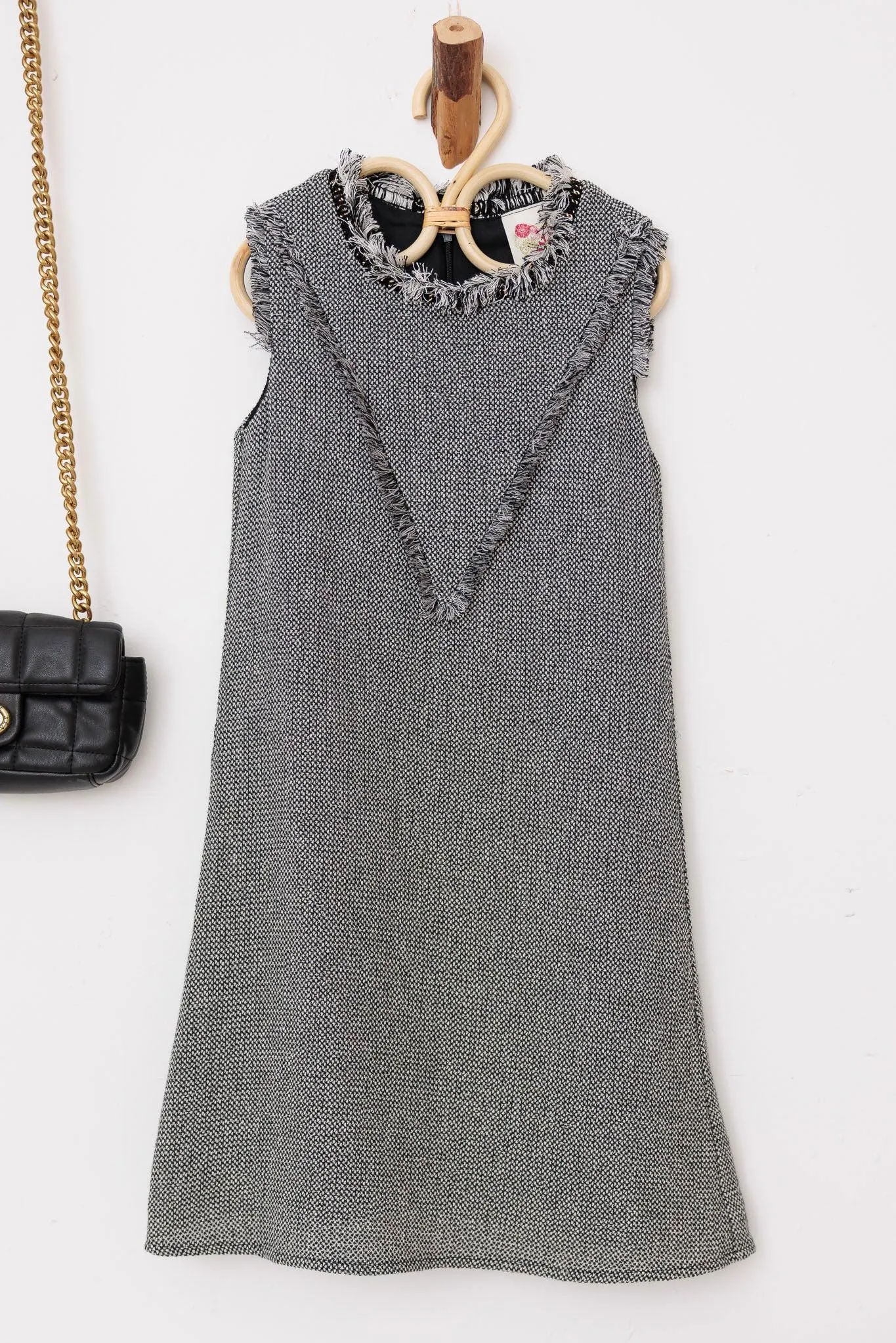 Girls Sleeveless Tweed Chain Neck-Line Fringe Dresses