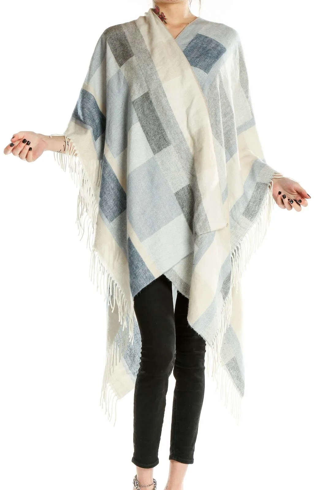 Gray and White Geometric Knit Poncho