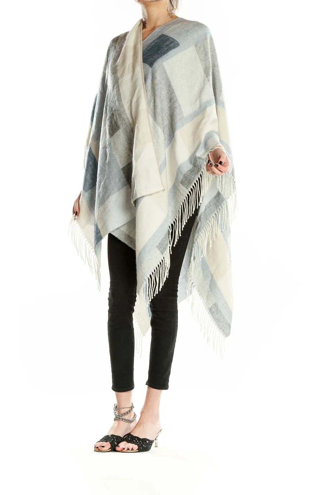 Gray and White Geometric Knit Poncho