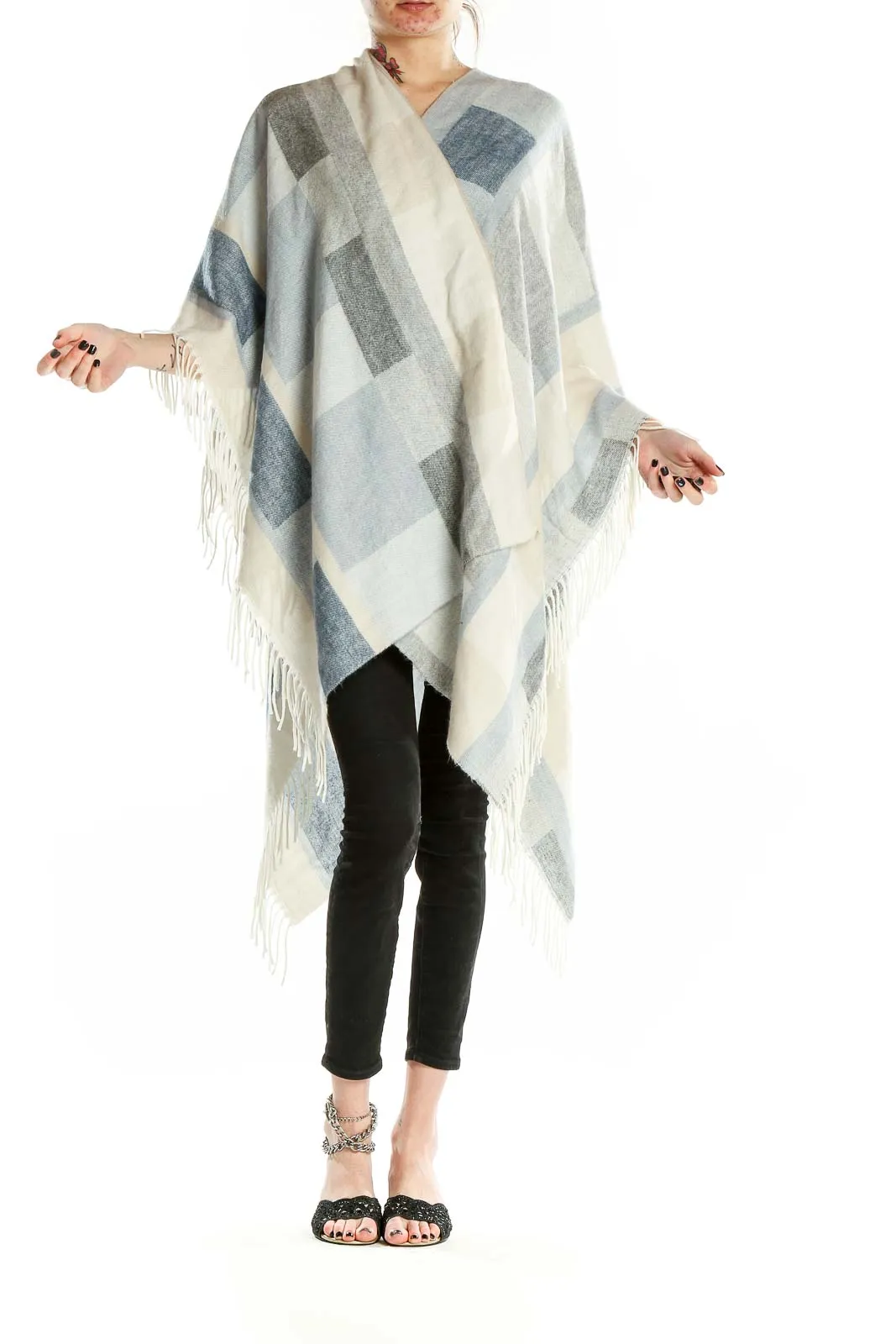 Gray and White Geometric Knit Poncho