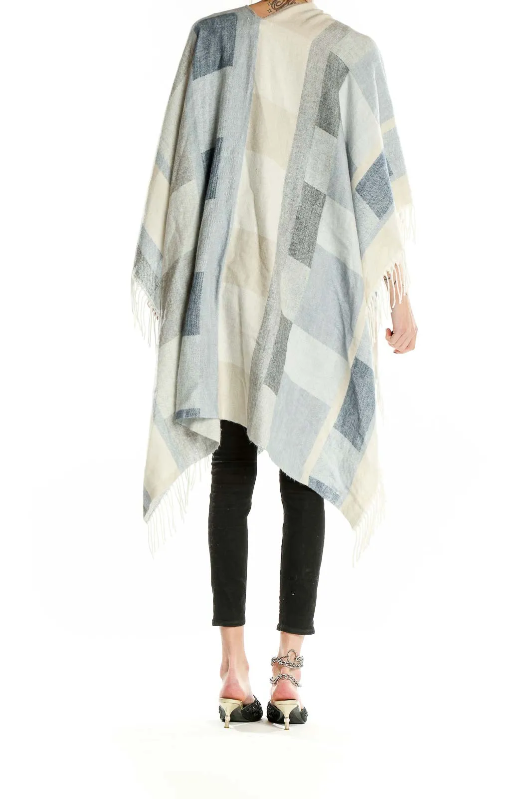 Gray and White Geometric Knit Poncho