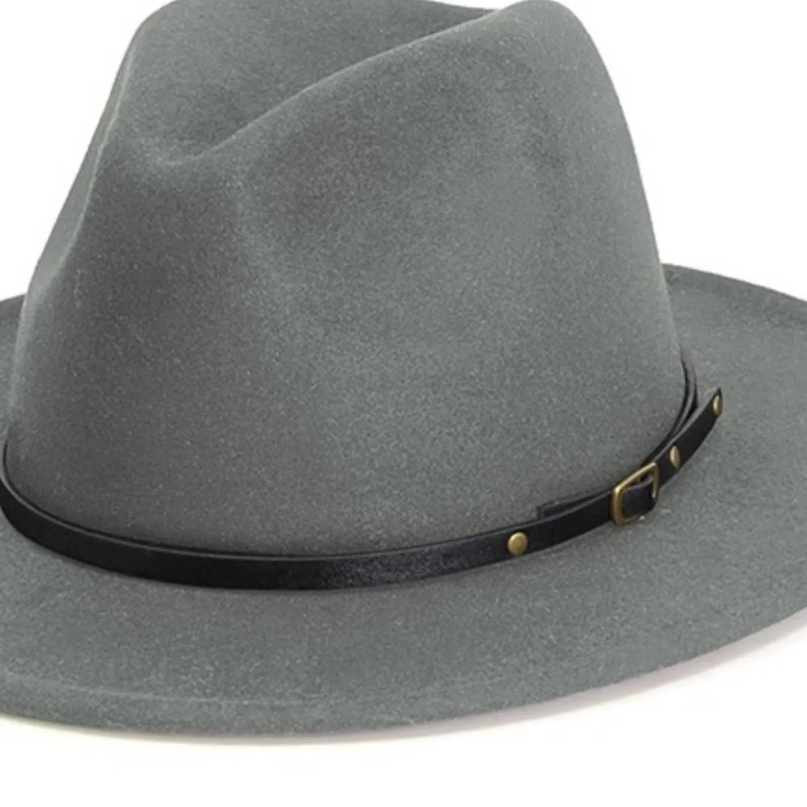 Gray Belt Buckle Trim Wide Brim Felt Hat