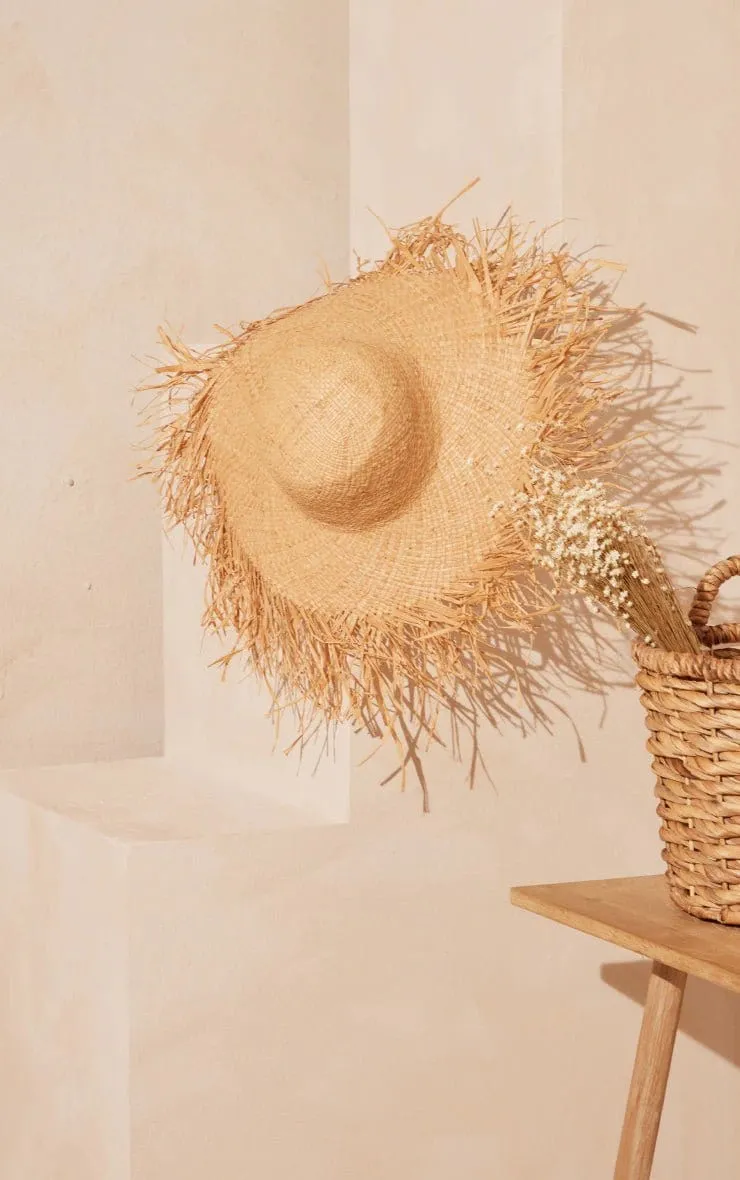 H3094 Frayed Edge Wide Brim Straw Sun Hat