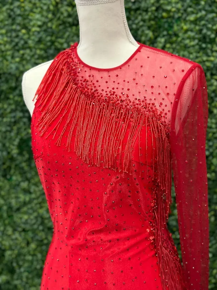 Johnathan Kayne 2795 Size 4 Crystal Sheer Beaded Fringe Long Sleeve Cocktail Dress