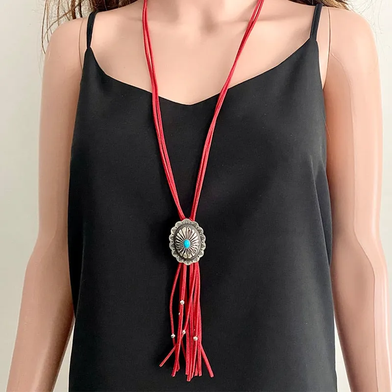 Leather Concho Bolo Tie Style Necklace In 5 Colors You Choose Tan Black White Red Or Light Blue Long Suede Laces With Silver Beaded Fringe Boho Western Southwestern Stackable Statement Necklace