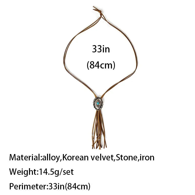 Leather Concho Bolo Tie Style Necklace In 5 Colors You Choose Tan Black White Red Or Light Blue Long Suede Laces With Silver Beaded Fringe Boho Western Southwestern Stackable Statement Necklace