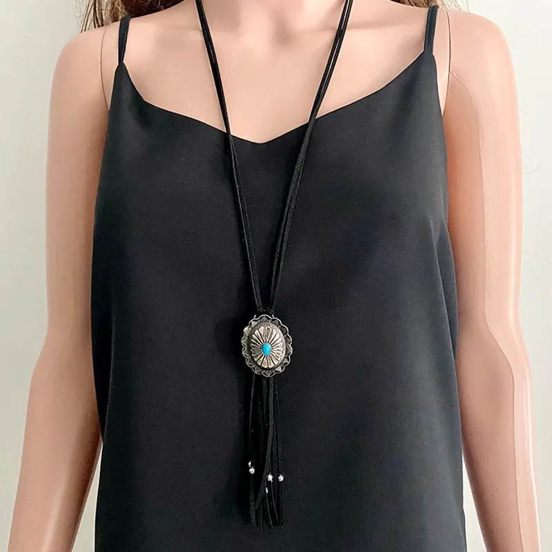 Leather Concho Bolo Tie Style Necklace In 5 Colors You Choose Tan Black White Red Or Light Blue Long Suede Laces With Silver Beaded Fringe Boho Western Southwestern Stackable Statement Necklace