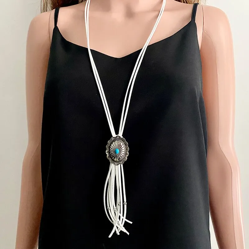 Leather Concho Bolo Tie Style Necklace In 5 Colors You Choose Tan Black White Red Or Light Blue Long Suede Laces With Silver Beaded Fringe Boho Western Southwestern Stackable Statement Necklace