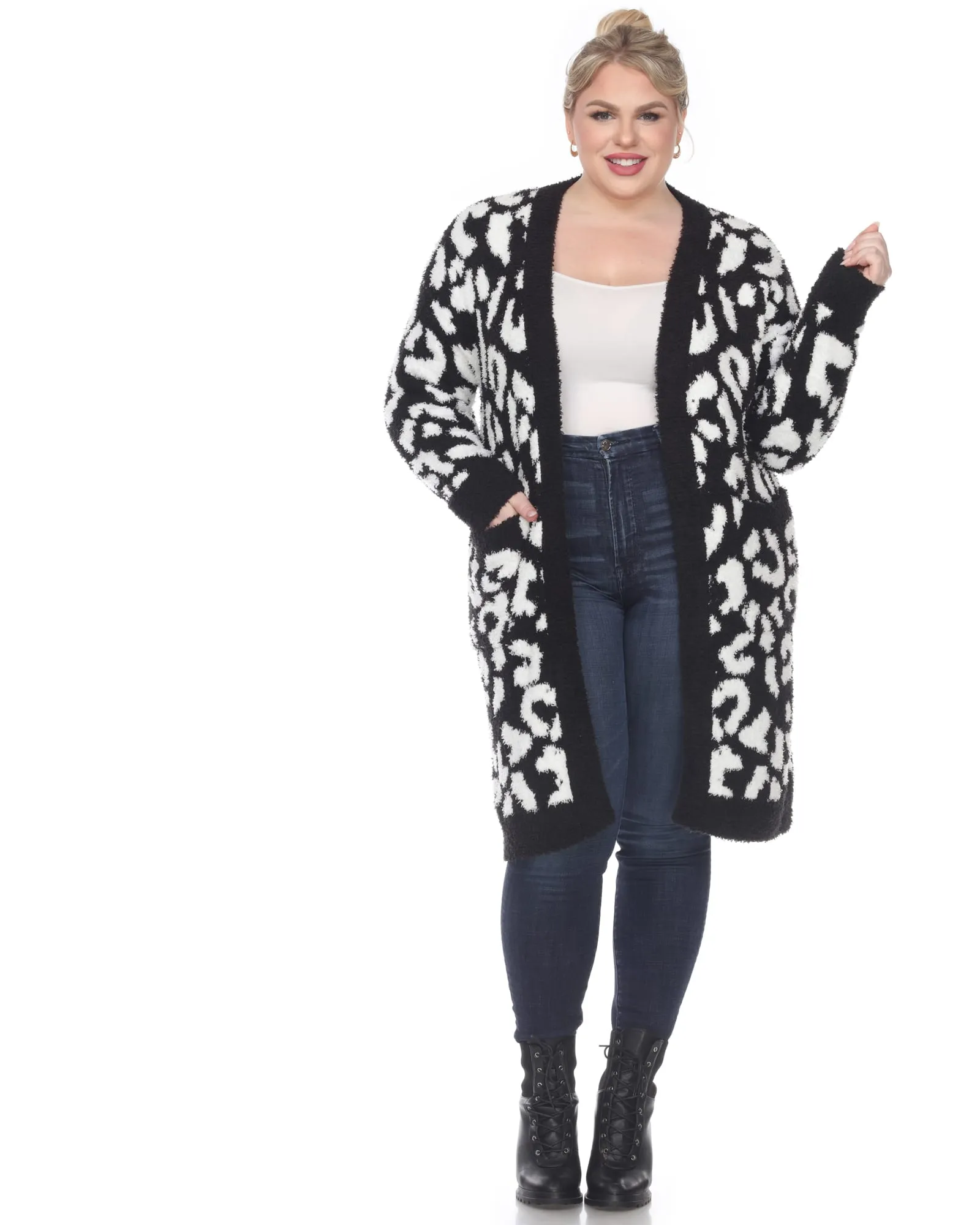 Leopard Print Open Front Sherpa Coat | Black/White