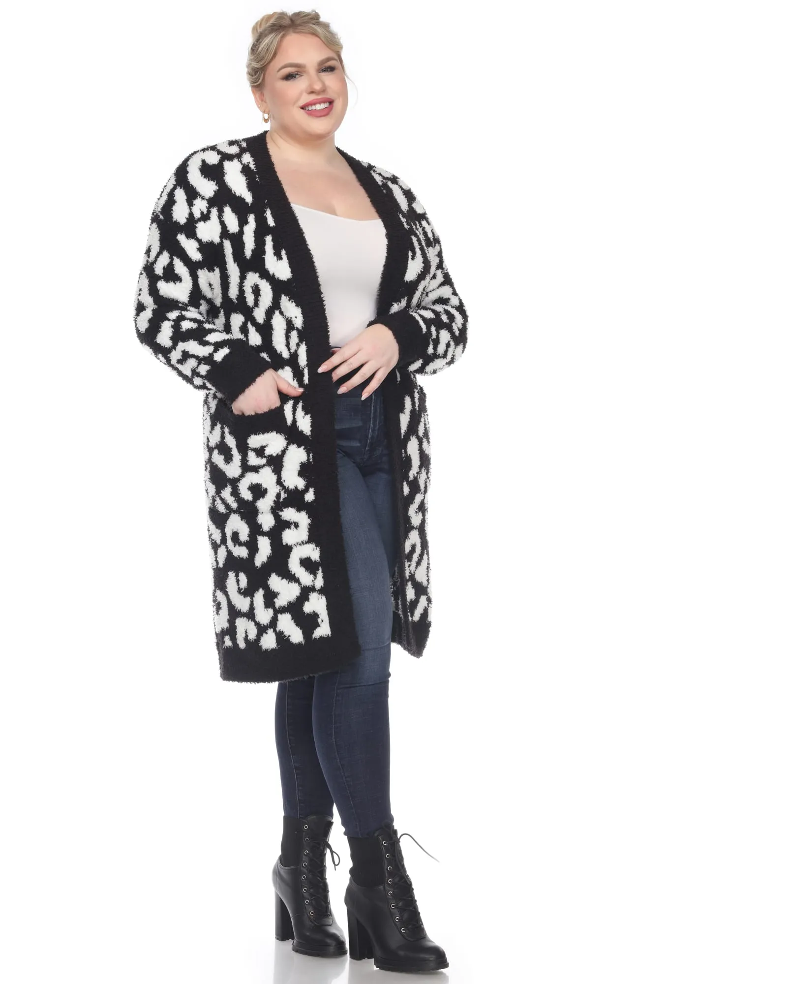 Leopard Print Open Front Sherpa Coat | Black/White