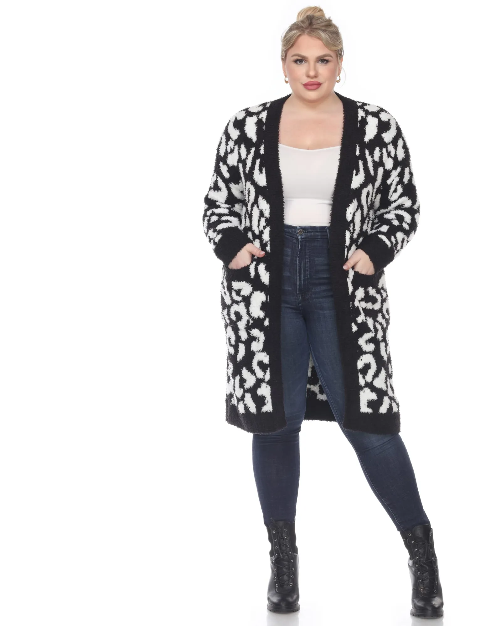 Leopard Print Open Front Sherpa Coat | Black/White