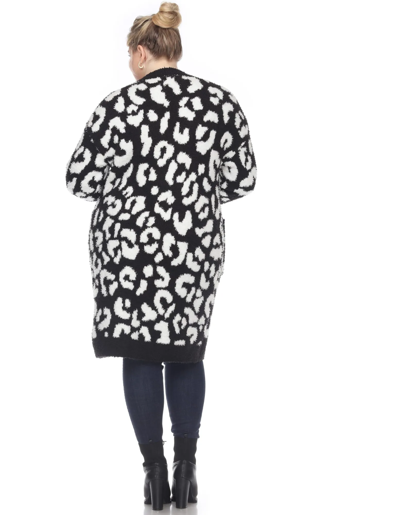 Leopard Print Open Front Sherpa Coat | Black/White