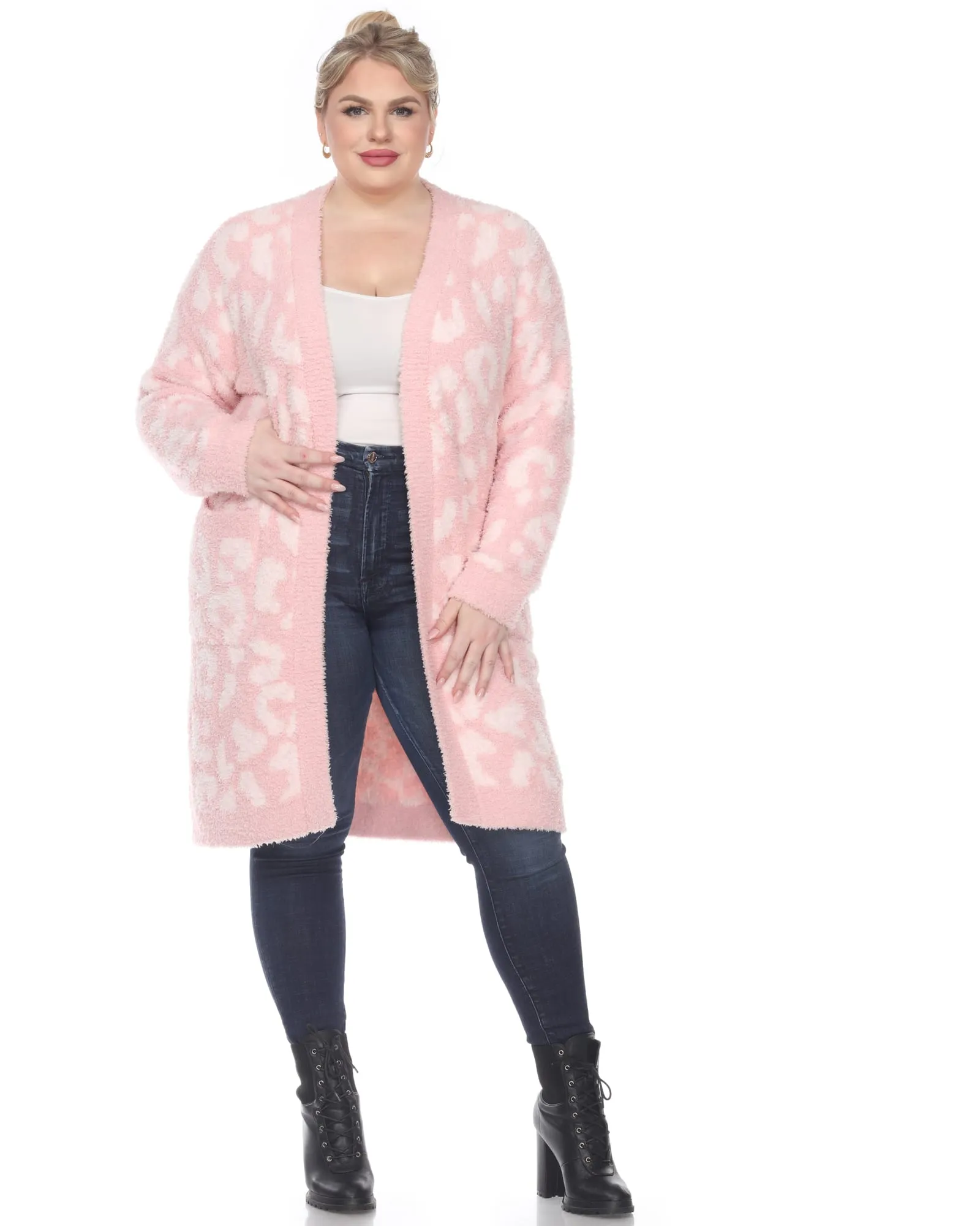 Leopard Print Open Front Sherpa Coat | Pink