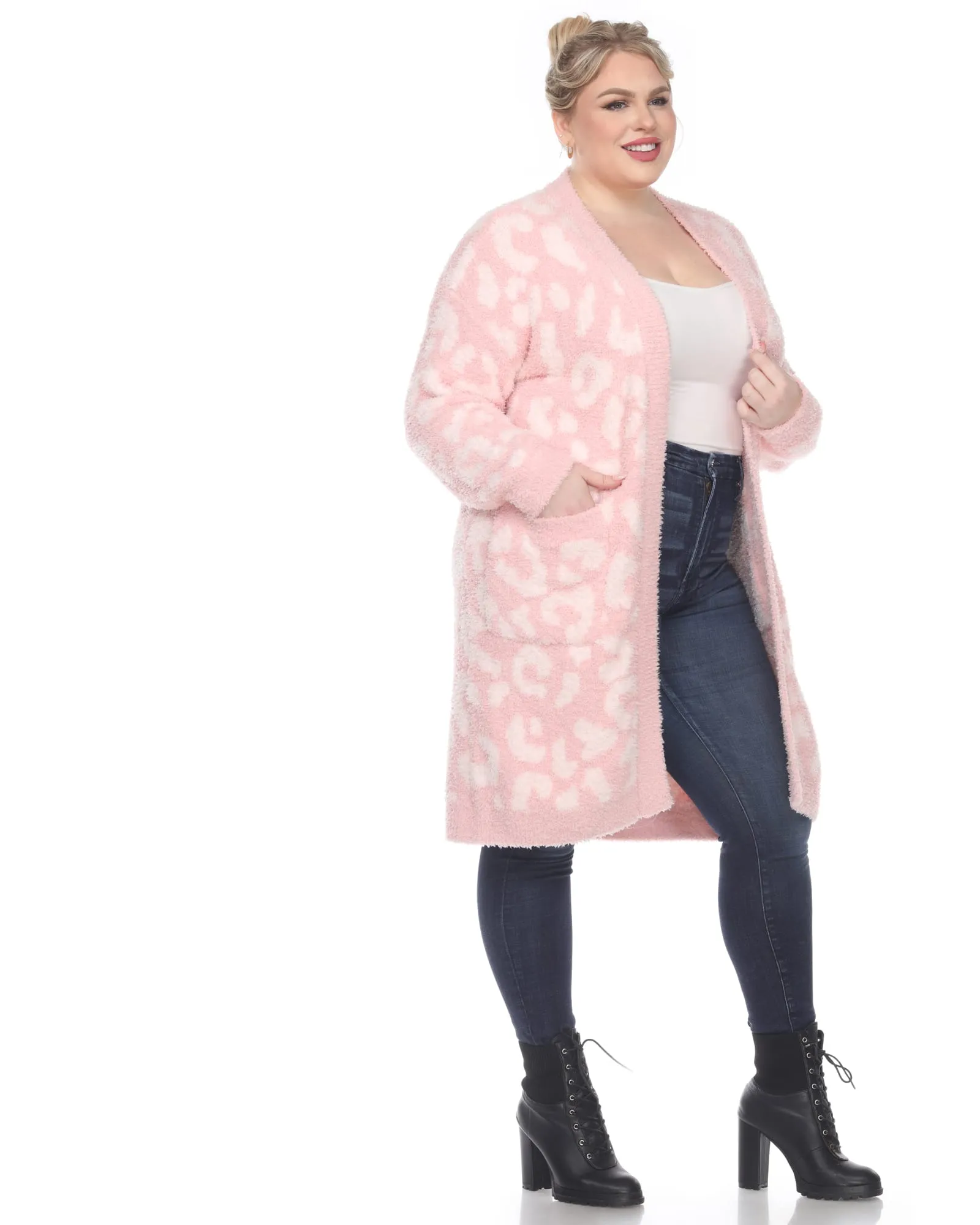 Leopard Print Open Front Sherpa Coat | Pink