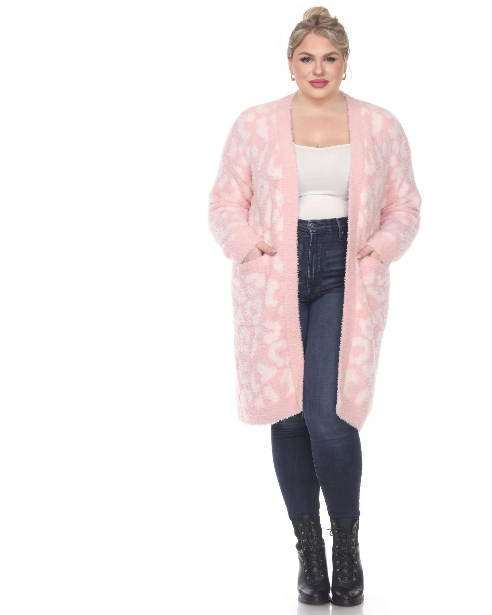 Leopard Print Open Front Sherpa Coat | Pink