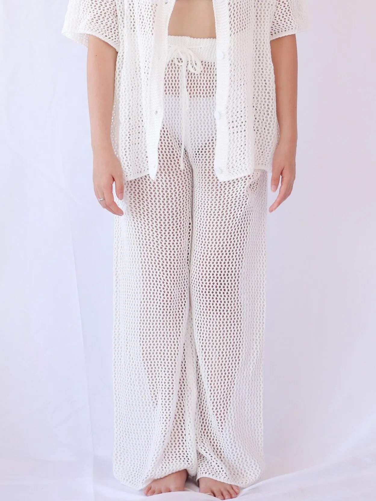 Loro Crochet Relaxed Beach Trousers with Drawstring in White